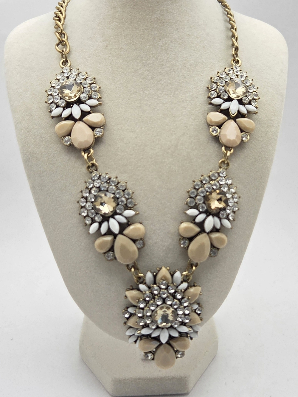 Chunky Gold Neutral Beige White Floral Crystal Cluster Bib Necklace